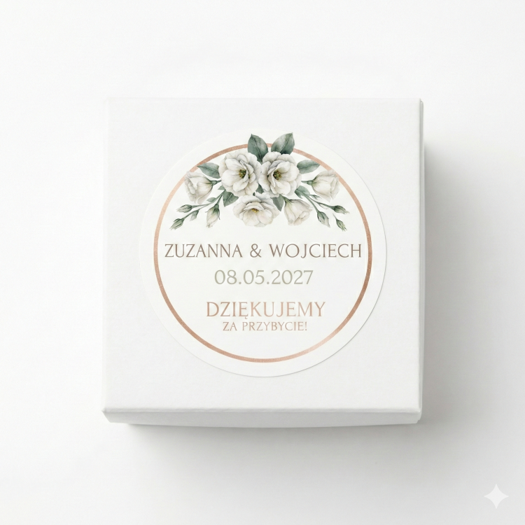 Białe pudełeczko na upominki dla gości weselnych z okrągłą personalizowaną naklejką. Elegancki wzór ślubny z motywem białych kwiatów, zielonych liści i ramką w odcieniu różowego złota. Widoczne imiona pary młodej oraz data ślubu.