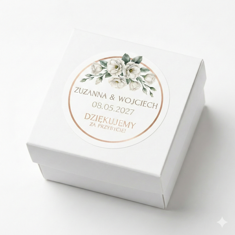Białe pudełeczko na upominki dla gości weselnych z okrągłą personalizowaną naklejką. Elegancki wzór ślubny z motywem białych kwiatów, zielonych liści i ramką w odcieniu różowego złota. Widoczne imiona pary młodej oraz data ślubu.