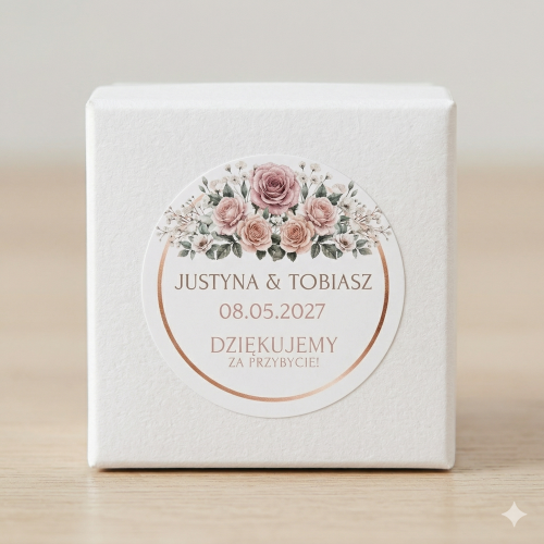 Okrągła personalizowana naklejka ślubna na podziękowania dla gości. Romantyczny wzór z różami w kolorze brudnego różu, delikatną białą gipsówką i ramką w odcieniu różowego złota. Widoczne imiona pary młodej oraz data wesela.