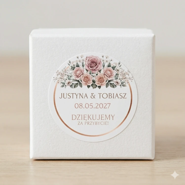 Okrągła personalizowana naklejka ślubna na podziękowania dla gości. Romantyczny wzór z różami w kolorze brudnego różu, delikatną białą gipsówką i ramką w odcieniu różowego złota. Widoczne imiona pary młodej oraz data wesela.