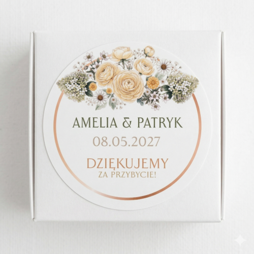 Okrągła personalizowana naklejka ślubna podziękowanie dla gości. Rustykalny wzór w stylu boho i butter yellow z żółtymi różami, jaskrami i polnymi kwiatami i złotą ramką, z imionami pary młodej oraz datą ślubu.