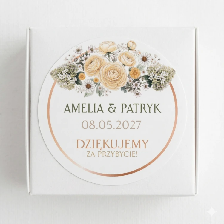 Okrągła personalizowana naklejka ślubna podziękowanie dla gości. Rustykalny wzór w stylu boho i butter yellow z żółtymi różami, jaskrami i polnymi kwiatami i złotą ramką, z imionami pary młodej oraz datą ślubu.