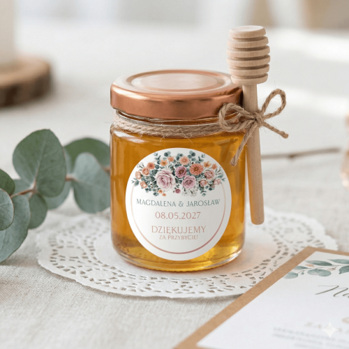 Szklany mini słoiczek z miodem, miedzianą zakrętką i drewnianym nabierakiem jako upominek dla gości weselnych. Na froncie okrągła personalizowana naklejka ślubna z motywem różowych i brzoskwiniowych kwiatów, z imionami pary młodej.