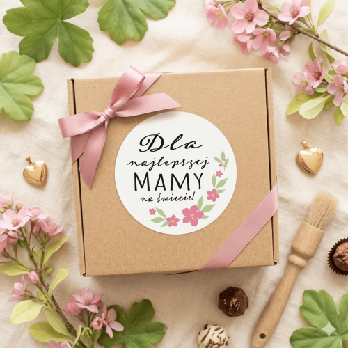 Prezent w eko pudełku. Na wierzchu okrągła naklejka z napisem Kochanej Mamie, z motywem zielonych liści i różowymi kwiatami.  Minimalistyczne pakowanie prezentu na Dzień Matki.