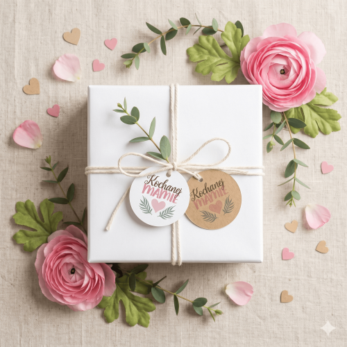 Flat lay prezentu na Dzień Matki: białe pudełko z białą i kraftową zawieszką "Kochanej Mamie" z różowym sercem.Inspiracja na pastelowe zapakowanie upominku na Dzień Matki.