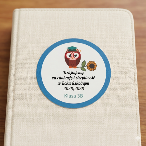 Okrągła naklejka z sową i niebieską ramką na zakończenie roku szkolnego 2025/2026, naklejona na okładkę notesu. Zawiera personalizowany napis z podziękowaniem za edukację od Klasy 3B dla wychowawcy.