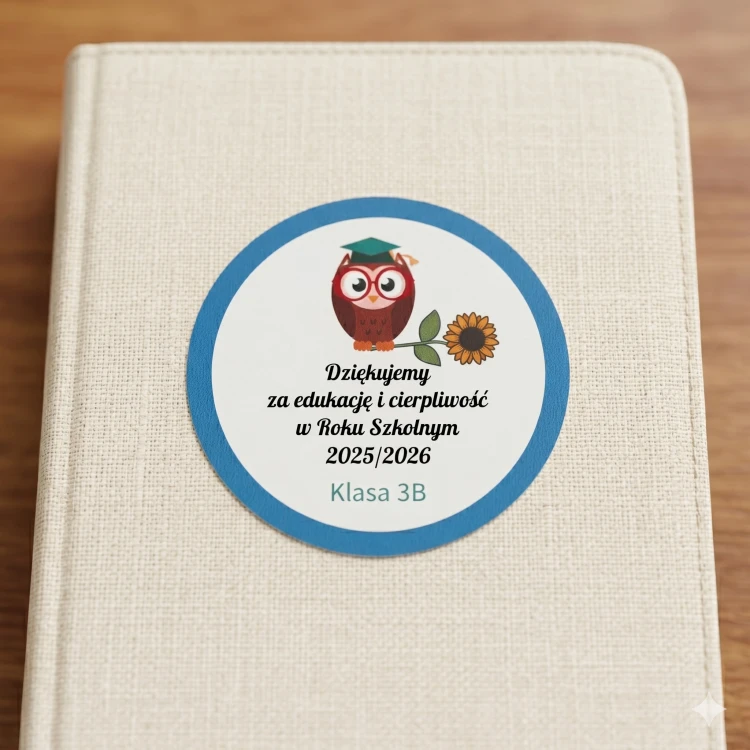 Okrągła naklejka z sową i niebieską ramką na zakończenie roku szkolnego 2025/2026, naklejona na okładkę notesu. Zawiera personalizowany napis z podziękowaniem za edukację od Klasy 3B dla wychowawcy.
