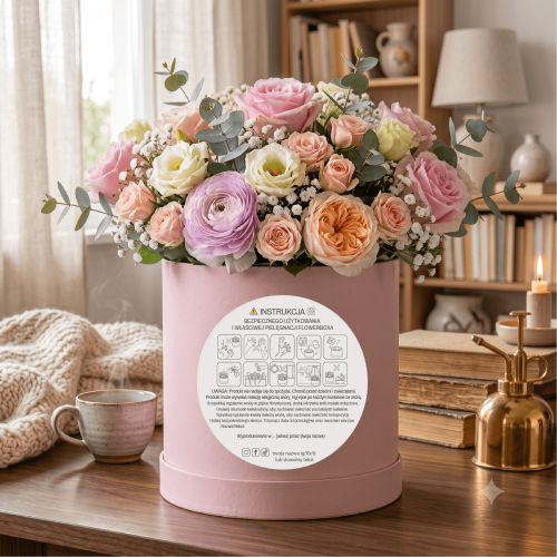Zdjecie przedstawia piękny bukiet flower box w różowym pudełku z instrukcją pielęgnacji po polsku na etykiecie, stojący na drewnianym stole w przytulnym wnętrzu z kawą i książkami.