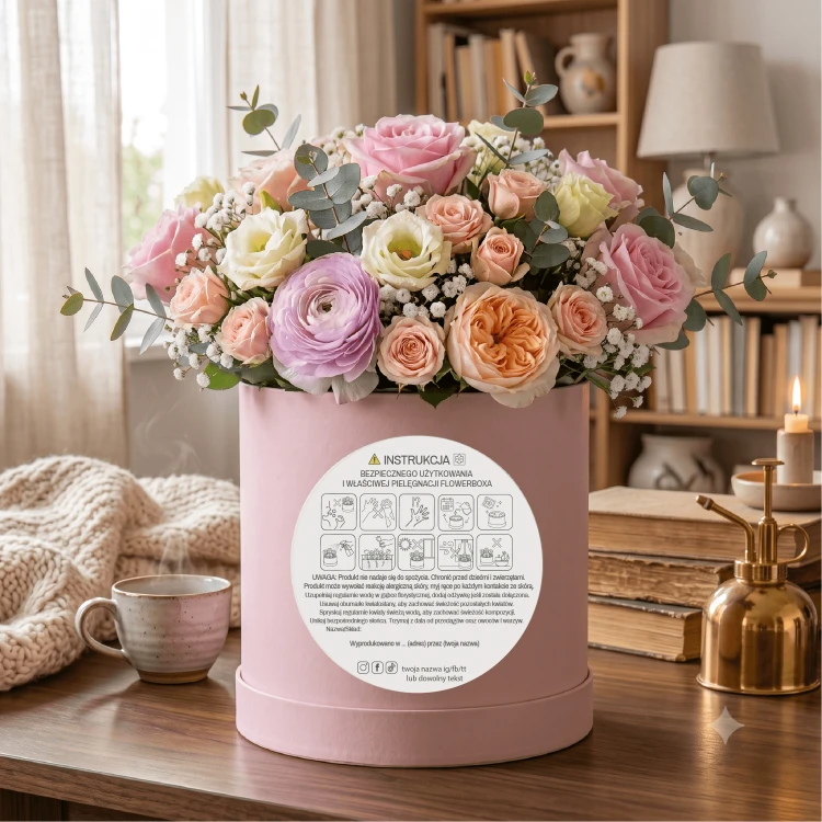 Zdjecie przedstawia piękny bukiet flower box w różowym pudełku z instrukcją pielęgnacji po polsku na etykiecie, stojący na drewnianym stole w przytulnym wnętrzu z kawą i książkami.