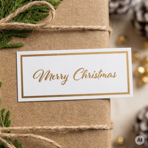 Biała naklejka ze złotym napisem Merry Christmas i złotą ramką, naklejona na pudełko owinięte brązowym papierem kraftowym w tle świąteczne dekoracje.