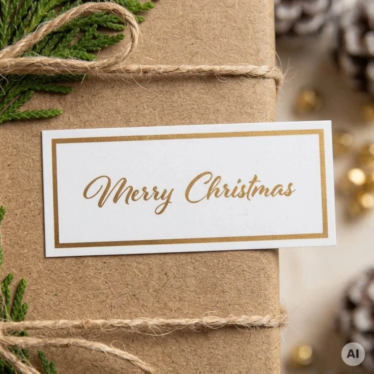 Biała naklejka ze złotym napisem Merry Christmas i złotą ramką, naklejona na pudełko owinięte brązowym papierem kraftowym w tle świąteczne dekoracje.