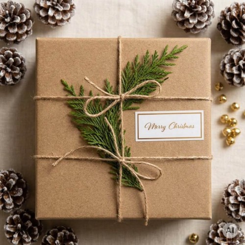 brązowe tekturowe pudełko udekorowane gałązkami iglaka i białą etykietą prezentową ze świątecznym napisem w kolorze złotym Merry Christmas. W tle świąteczne dekoracje w stylu eko.