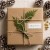 brązowe tekturowe pudełko udekorowane gałązkami iglaka i białą etykietą prezentową ze świątecznym napisem w kolorze złotym Merry Christmas. W tle świąteczne dekoracje w stylu eko.