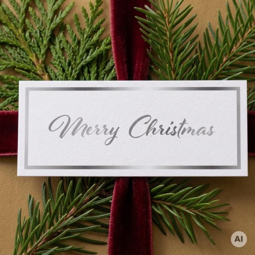 Biała etykieta prezentowa ze świątecznym napisem Merry Christmas w kolorze srebrnym i ze srebrną ramka. Pod naklejką prezent z bordową wstażką i gałązką świerku. Prezent w stylu eko.