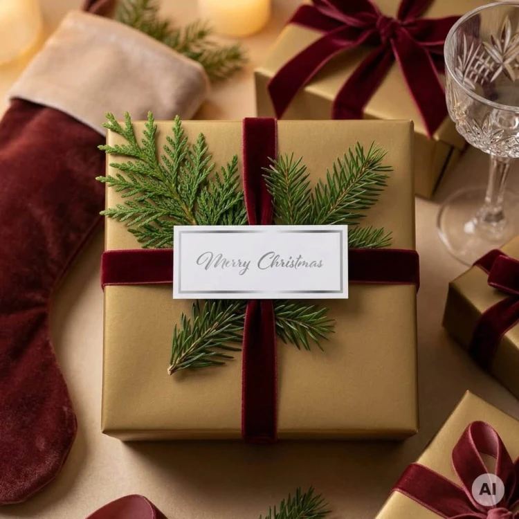 Biała etykieta prezentowa ze świątecznym napisem Merry Christmas w kolorze srebrnym i ze srebrną ramka. Pod naklejką prezent z bordową wstażką i gałązką świerku. Prezent w stylu eko. W tle świąteczne dekoracje.