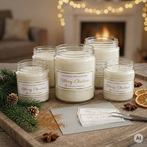 seria świec sojowych na stole w przytulnej zimowej atmosferze. Na świecach są biało-złote etykiety z napisem Merry Christmas oraz naturalna świeca sojowa.