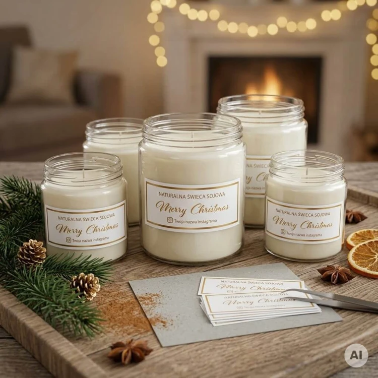 seria świec sojowych na stole w przytulnej zimowej atmosferze. Na świecach są biało-złote etykiety z napisem Merry Christmas oraz naturalna świeca sojowa.