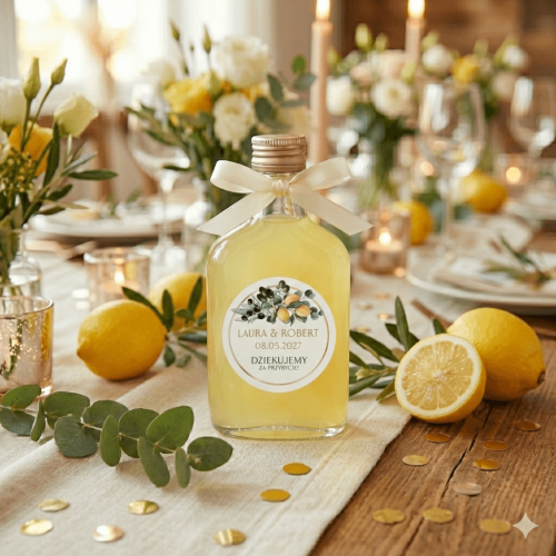 Szklana mini buteleczka z żółtym limoncello i kremową wstążką jako upominek dla gości weselnych. Na froncie okrągła personalizowana naklejka ślubna w stylu włoskim z motywem cytryn i oliwek oraz imionami pary młodej i datą.