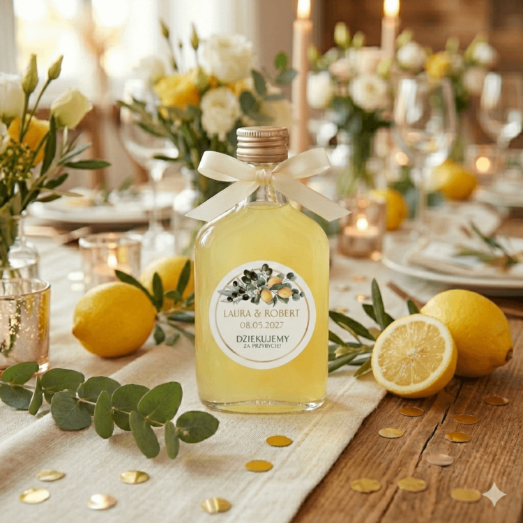 Szklana mini buteleczka z żółtym limoncello i kremową wstążką jako upominek dla gości weselnych. Na froncie okrągła personalizowana naklejka ślubna w stylu włoskim z motywem cytryn i oliwek oraz imionami pary młodej i datą.