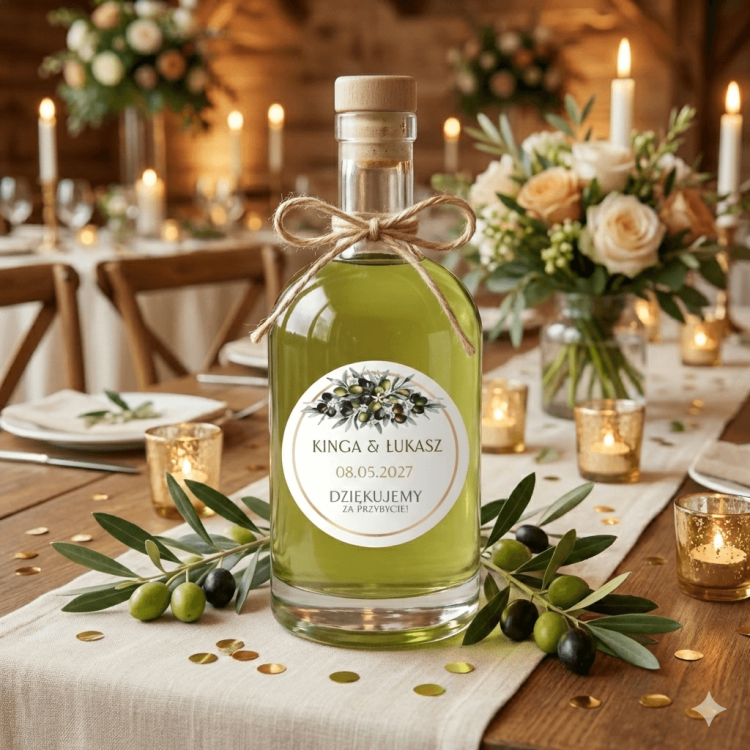 Szklana butelka z oliwą z oliwek przewiązana sznurkiem jako elegancki upominek dla gości weselnych. Na butelce okrągła personalizowana etykieta ślubna z motywem gałązek oliwnych, złotą ramką i imionami pary młodej i datą ślubu.