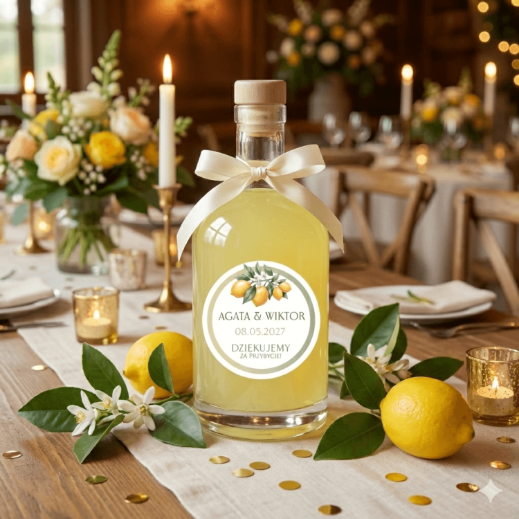 Mała szklana butelka z domowym limoncello i kremową kokardą na weselny stół. Na froncie okrągła personalizowana etykieta na alkohol z motywem włoskich cytryn, zieloną ramką, imionami pary młodej oraz datą. W tle dekoracja stołu w stylu Amalfi z cytrynami.